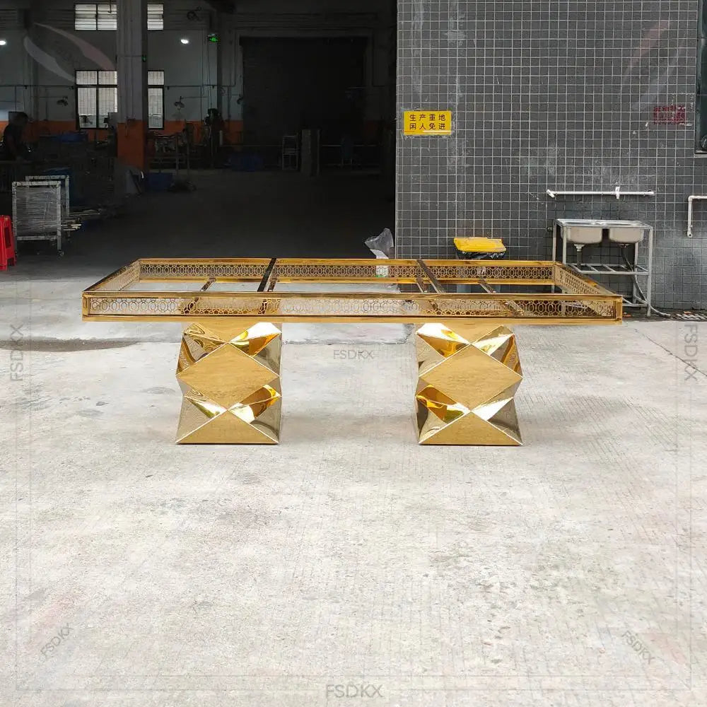 Wedding Mirror Glass Rectangular Crystal Gold Stainless Steel Dining Luxury Mirror Glass Table for Event