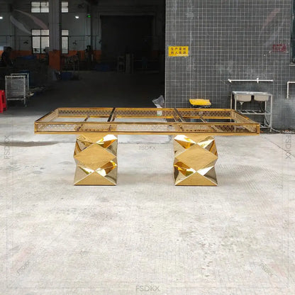 Wedding Mirror Glass Rectangular Crystal Gold Stainless Steel Dining Luxury Mirror Glass Table for Event