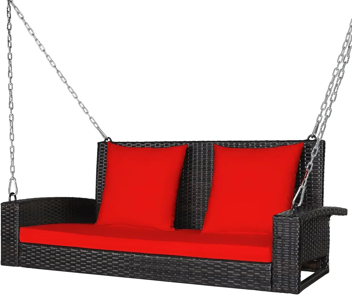 l Hanging Porch Swing, 2-Person Outdoor Wicker Swing Chair Bench With Cushions, Steel Chains For Garden, Backyard, Deck L