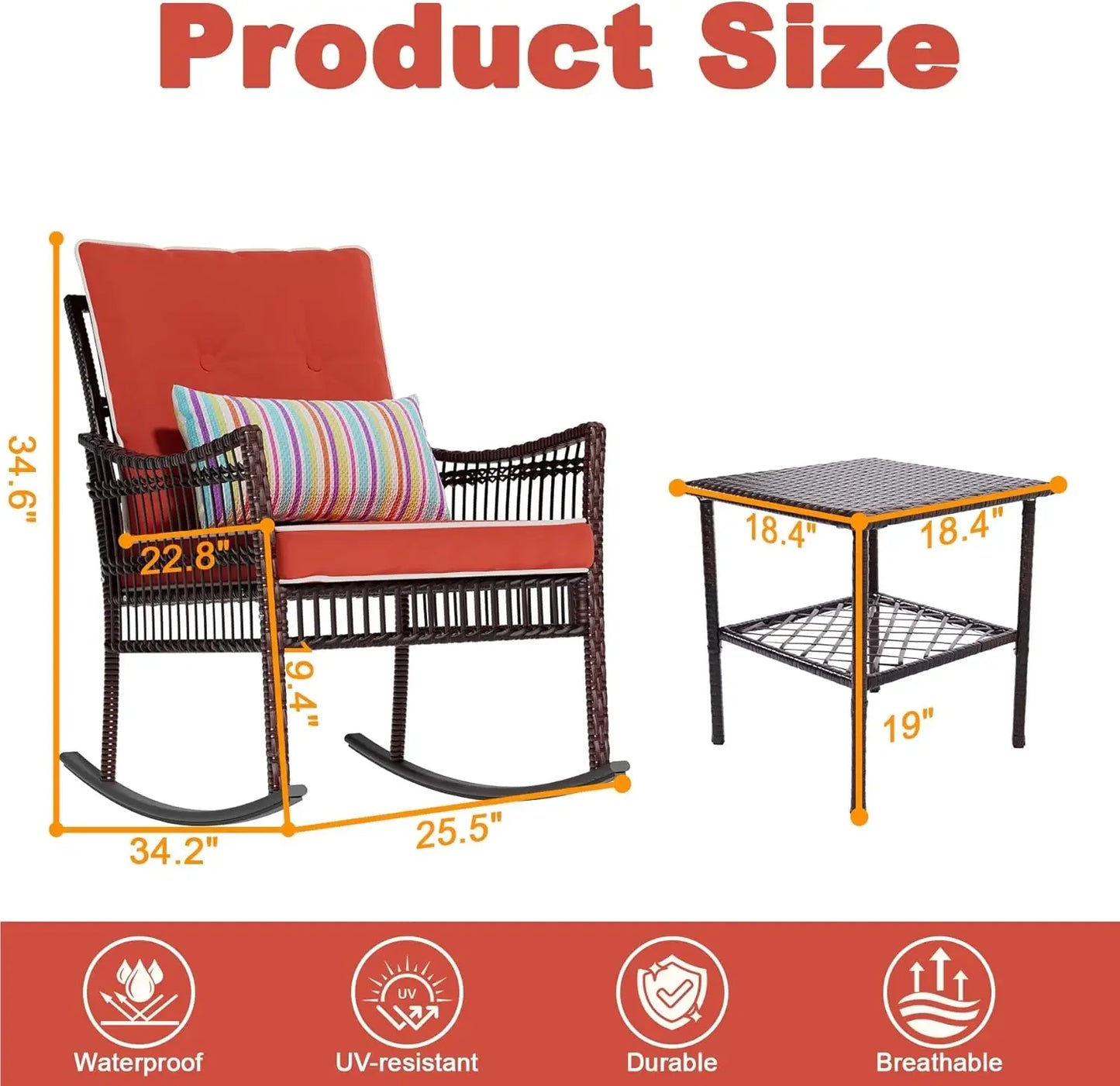 Curated Design Outdoor Rocking Chairs 3 Pieces Patio Conversation Front Porch Furniture, Wicker Rocking Chairs Bistro Set wit
