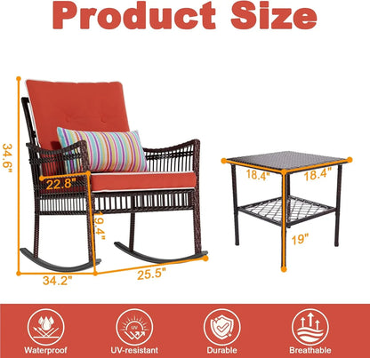 Curated Design Outdoor Rocking Chairs 3 Pieces Patio Conversation Front Porch Furniture, Wicker Rocking Chairs Bistro Set wit