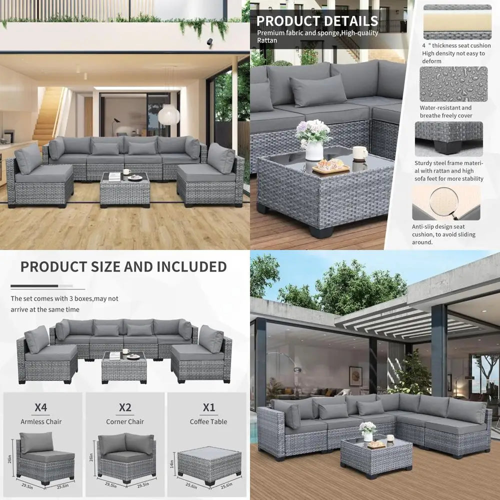 gray outdoor wicker 7-piece patio sectional sofa set with washable cushions
