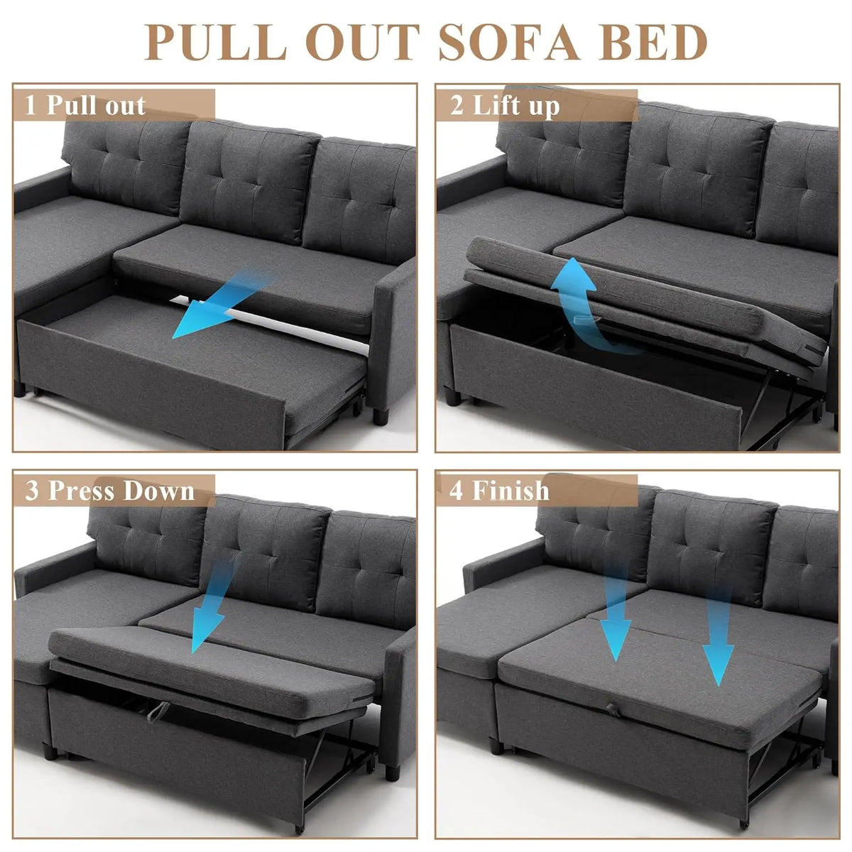 Sleeper Sofa Couch, Oversized Pull-Out Bed with Storage Chaise, Sectional Design for Living Room, Customized