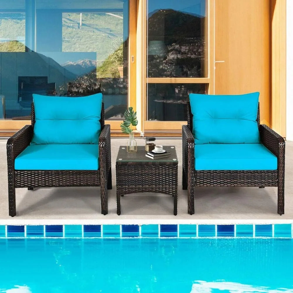 3-Piece Patio Furniture Set, PE Rattan Wicker Outdoor Conversation Set w/Glass Top Coffee Table & Thick Cushions.