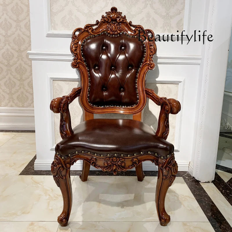 European-style all-solid wood dining table and chairs, living room, luxury villa home square table, French glass dining table