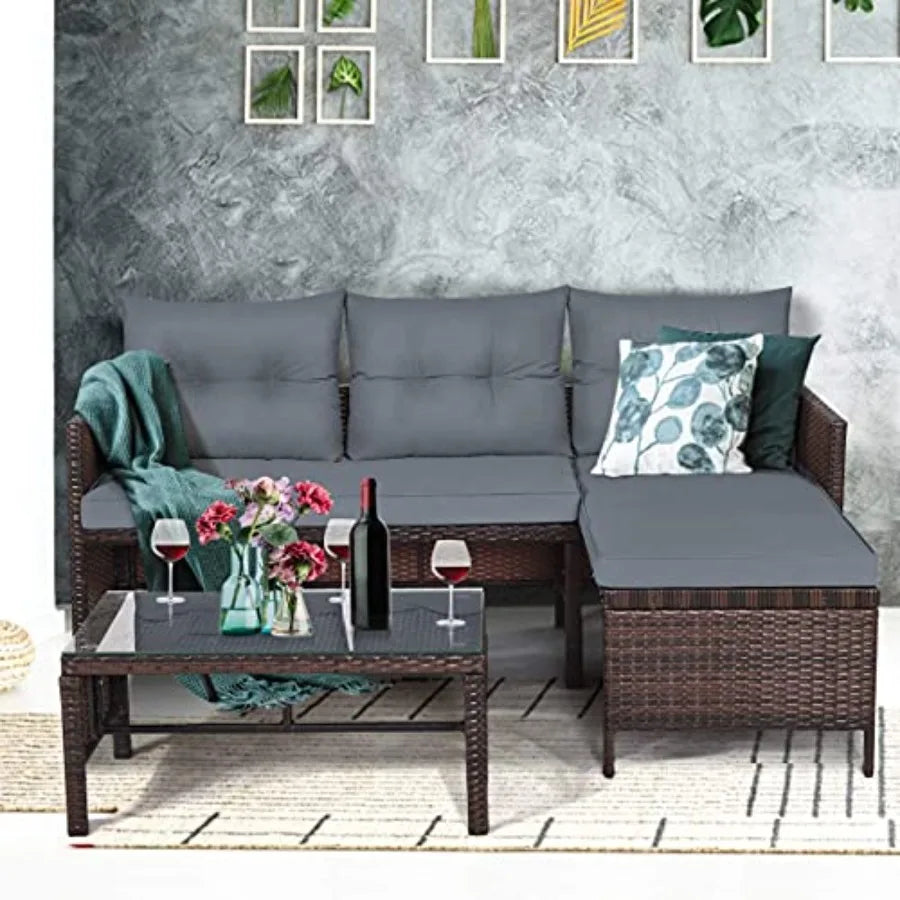 Patio Corner Sofa Set 3-Piece Outdoor Conversation Furniture in Grey with Lounge Chair Double Chair and Coffee Table fo