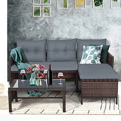 Patio Corner Sofa Set 3-Piece Outdoor Conversation Furniture in Grey with Lounge Chair Double Chair and Coffee Table fo
