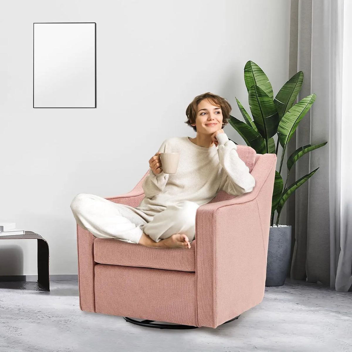 Swivel Accent Chair, 360° Rotation Chenille Fabric Upholstered Leisure Armchair with Lumbar Pillow for Living Room Bedroo