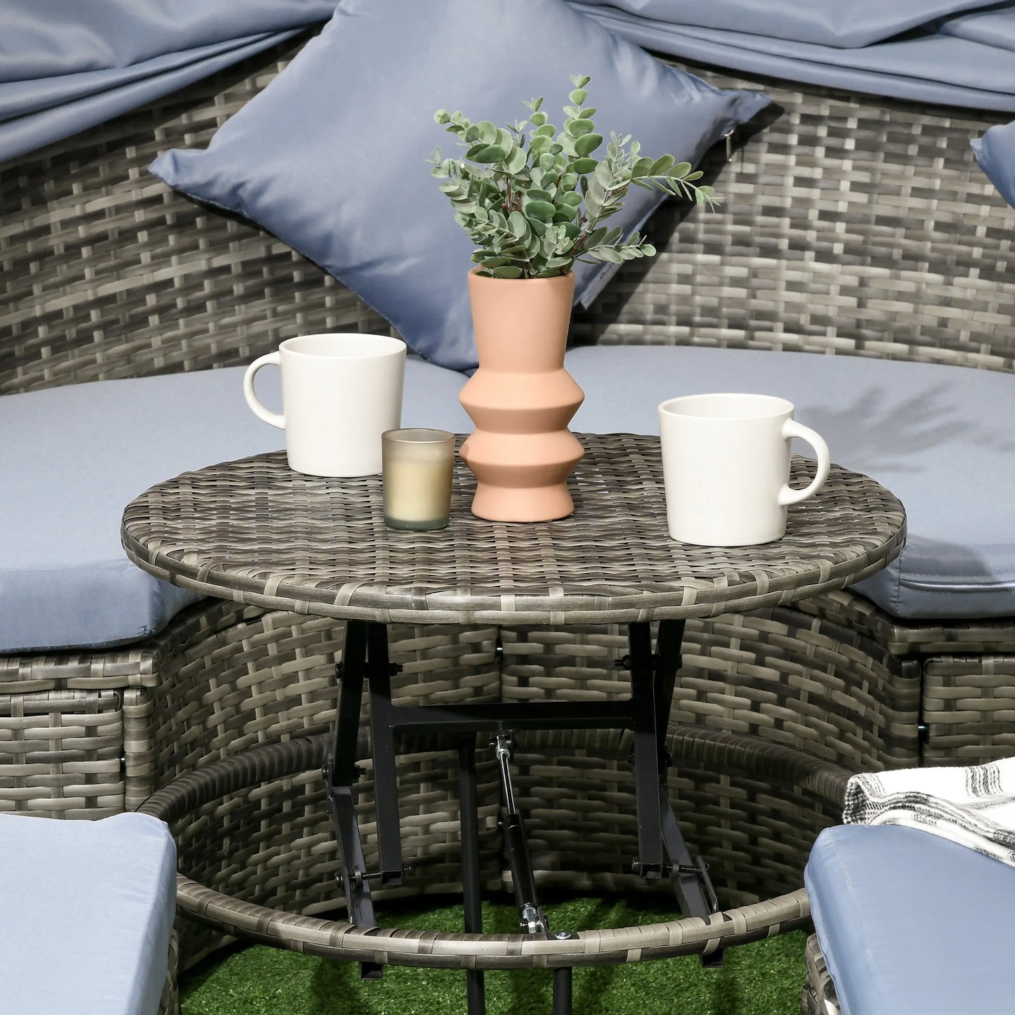 4 Piece Round Rattan Daybed, Convertible Patio Furniture Set, Adjustable Sun Canopy, Sectional Outdoor Sofa, 2 Chairs