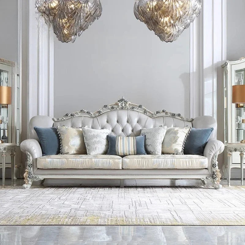 French light luxury living room large apartment first layer cowhide European solid wood carving flower three sofa combination