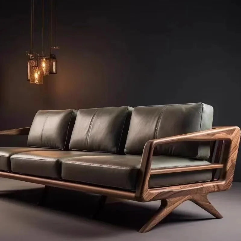 Solid Wood Three-person Living Room Lounge Sofa Small Modern Simple Apartment Armchairs Balcony Furniture