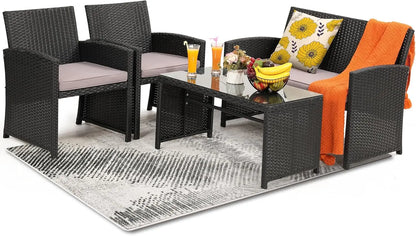 4 Pieces Rattan Patio Furniture Set,Outside Sectional Conversation Cushioned Sofa Set, Wicker Sofa Ideal