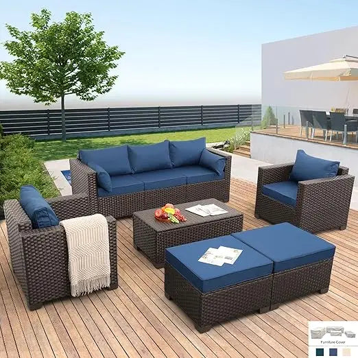 6-Piece Outdoor Patio Furniture Set with Wicker Sofa, Chairs, and Storage Table