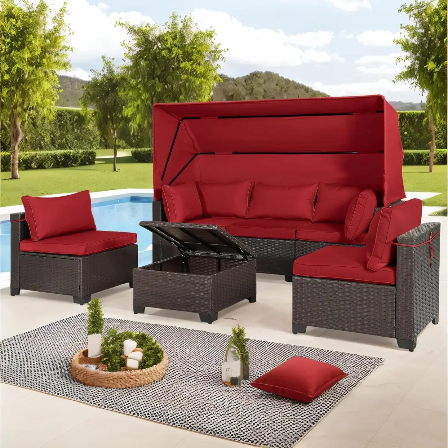 Y 6 Pieces Patio Daybed with Retractable Canopy, Patio Furniture Sets Outdoor Wicker Sectional Sofa Set Seating Chairs
