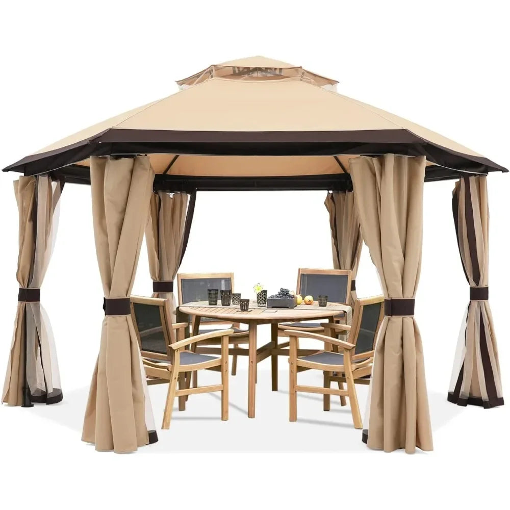 For 10'x10' Gazebos for Outdoor Hexagonal Gazebo with Netting and Privacy Curtains By, 120"L X 120"W X 110"H, 74.8 Pounds&