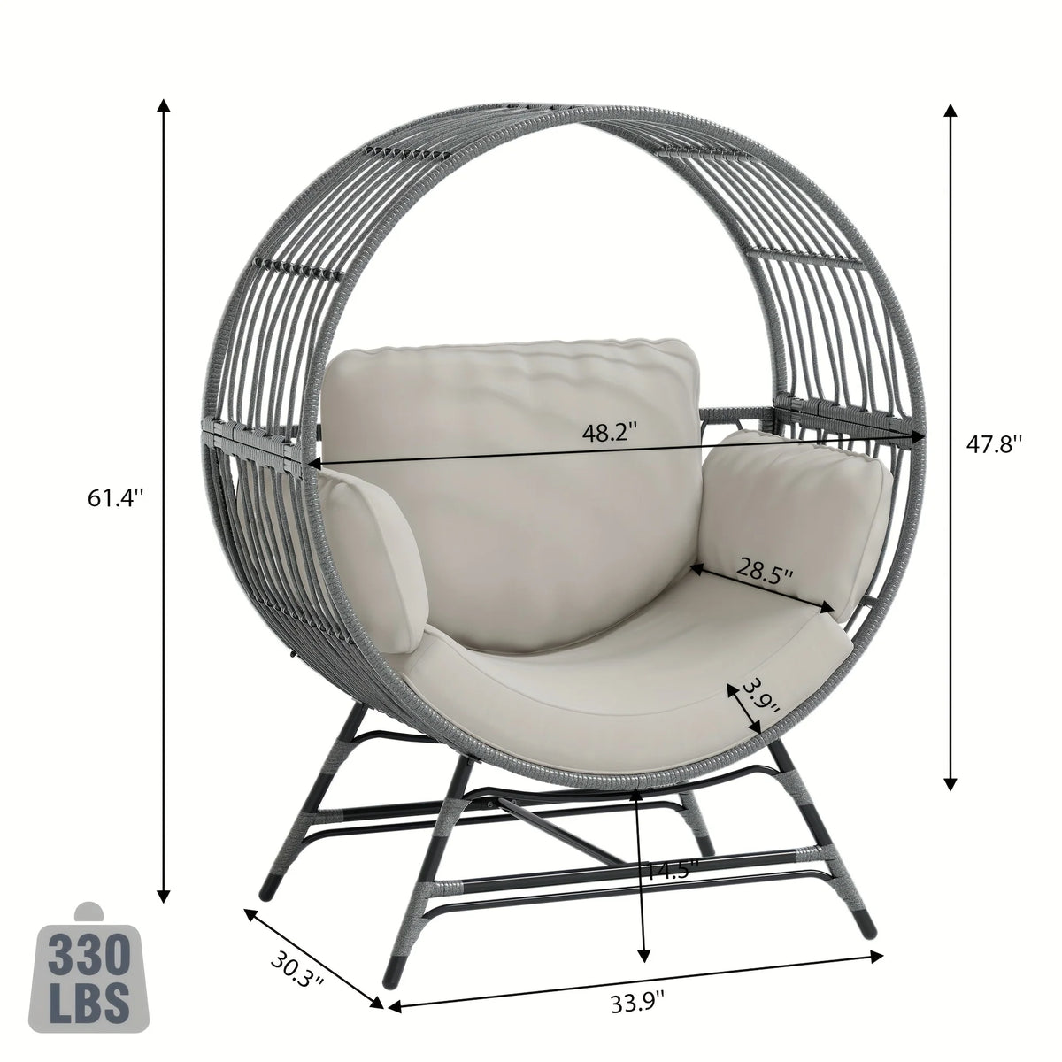 Wicker Round Egg Chair, Oversized Outdoor Lounger For Patio, W/ 4 Cushions, Steel Frame, 330lbs, Rattan Moon Chair