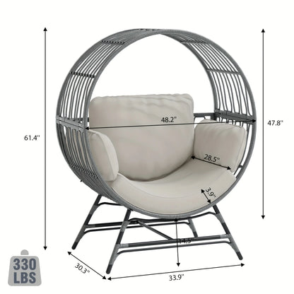 Wicker Round Egg Chair, Oversized Outdoor Lounger For Patio, W/ 4 Cushions, Steel Frame, 330lbs, Rattan Moon Chair
