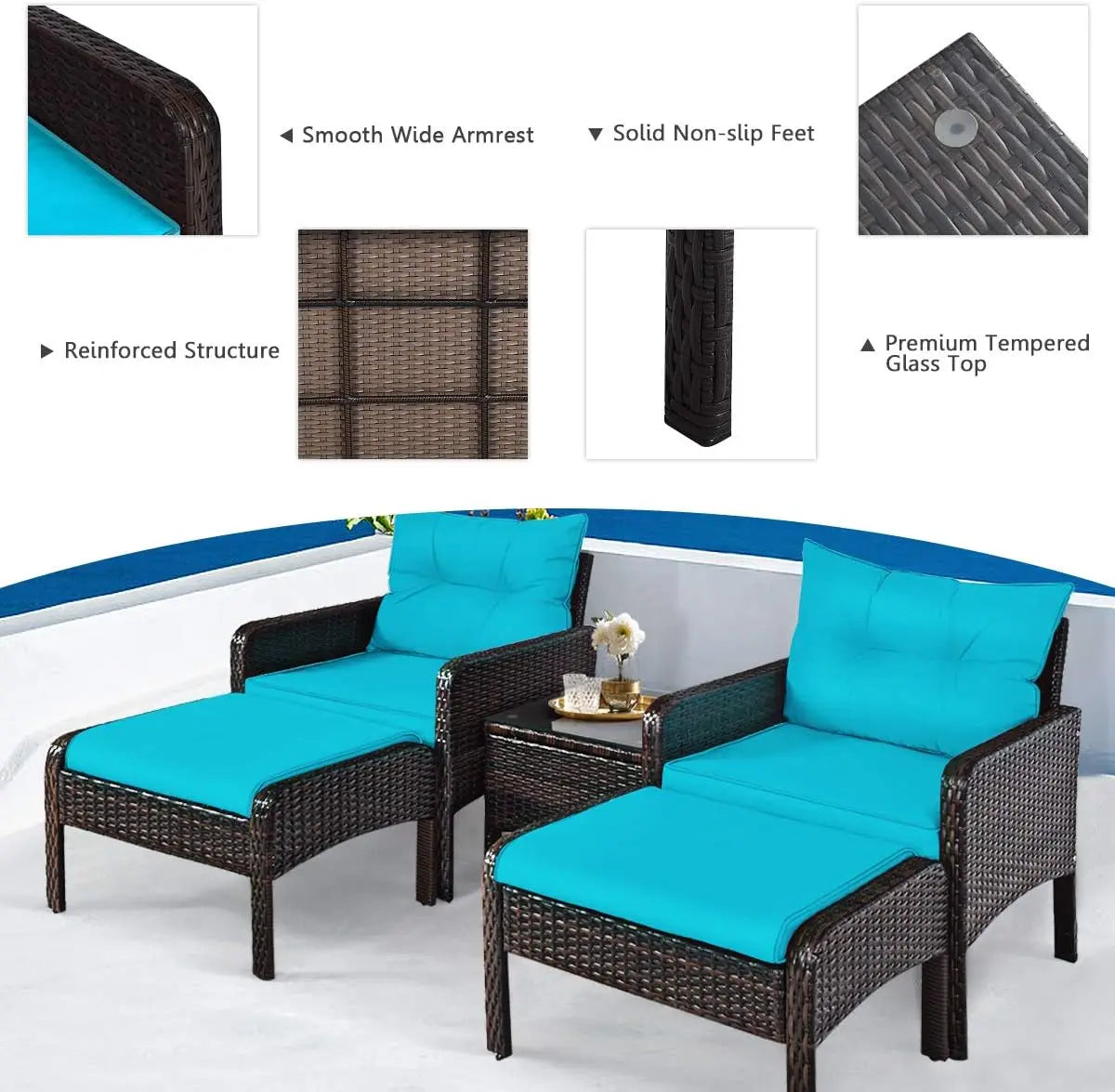 5Pieces Patio Furniture Set Outdoor Rattan Wicker Conversation Set with Coffee Table Cushioned Sofas and Ottoman Chat Set for G