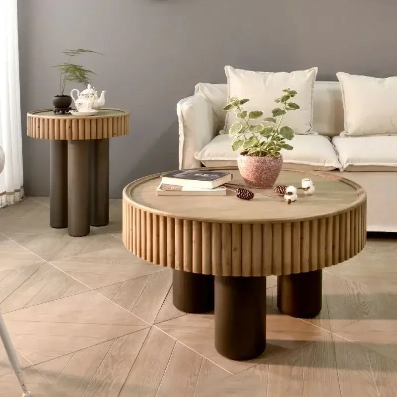 New arrivals pastoral style living room furniture rustic round wood carved coffee table with 3 legs