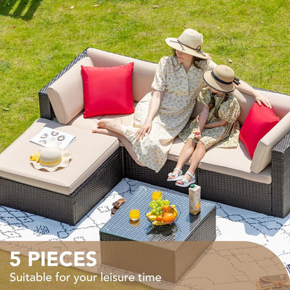 ts All Weather Outdoor Sectional Patio Sofa Manual Weaving Wicker Rattan Patio Seating Sofas with Cushion and Glass Table (Beige