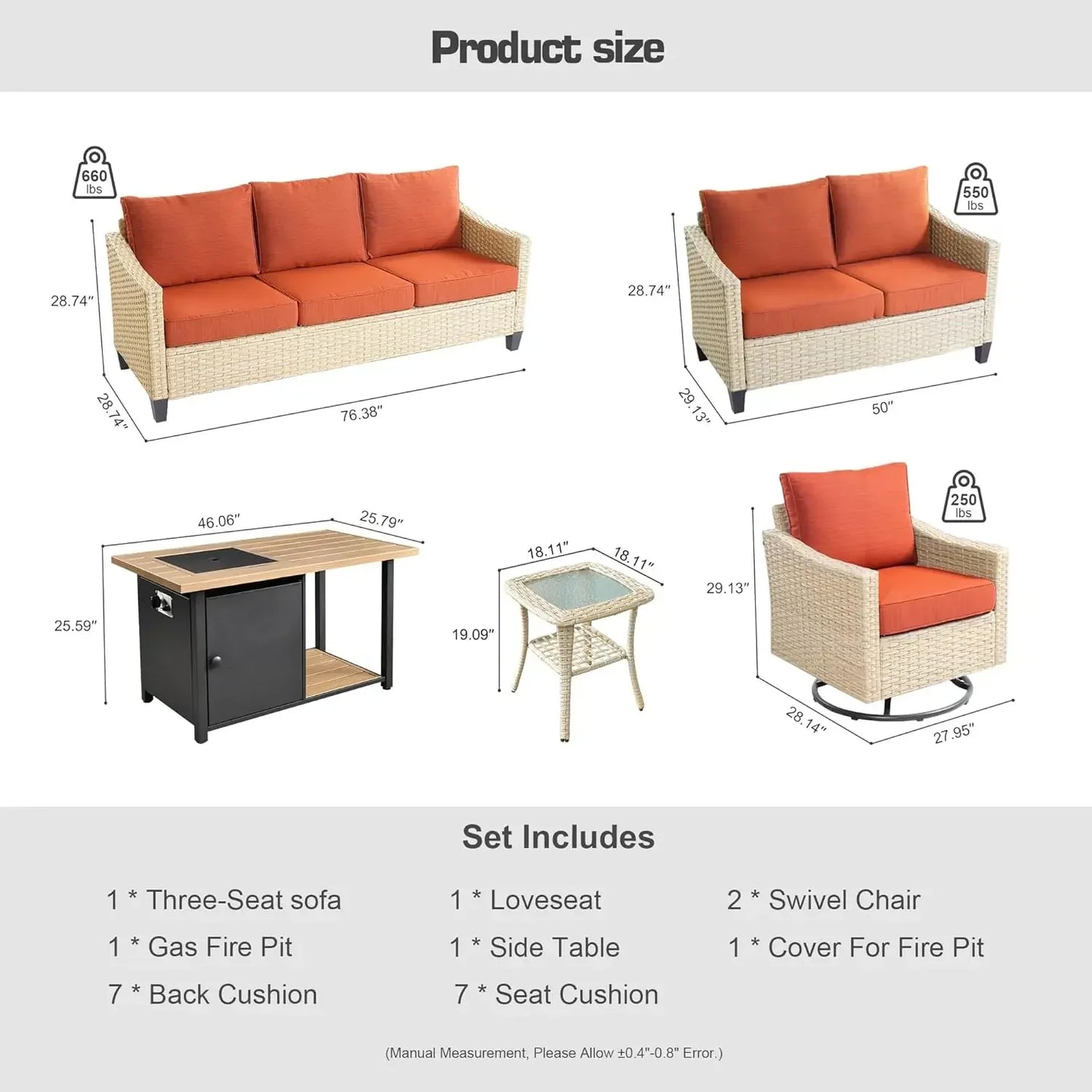 Patio FurnitureAll Weather Wicker Outdoor Sofa with High Back Swivel Rocker ChairsConversation Set Fire Pit,Light Rattan Cushion