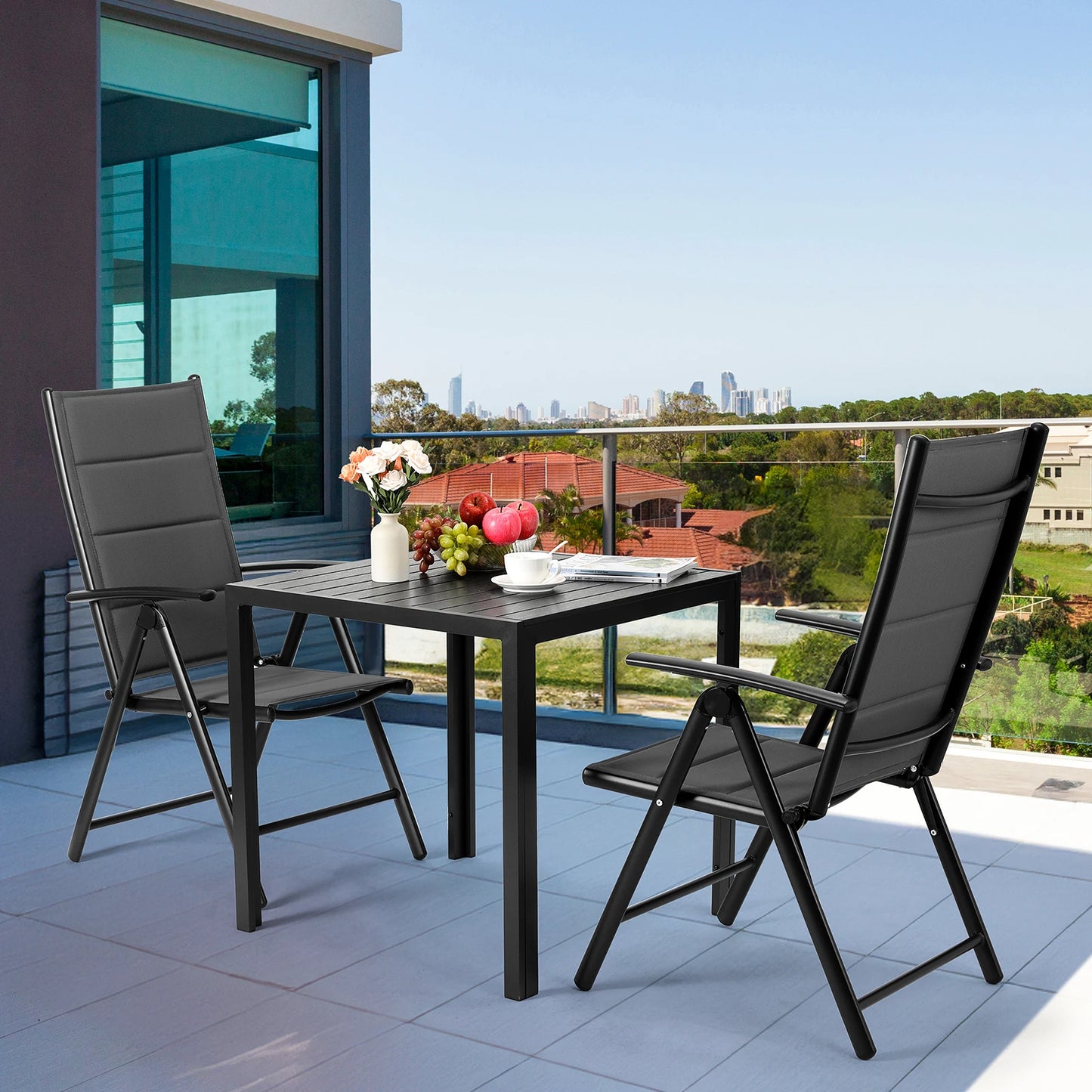 Aluminum Foldable Garden Chair, Lounge Backrest 7 Adjustable Settings, with Armrests, Weatherproof Outdoor Chairs Black,Gray
