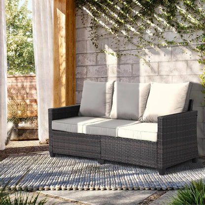 "3-seat weather-resistant wicker patio sofa with high curved back and plush cushions"