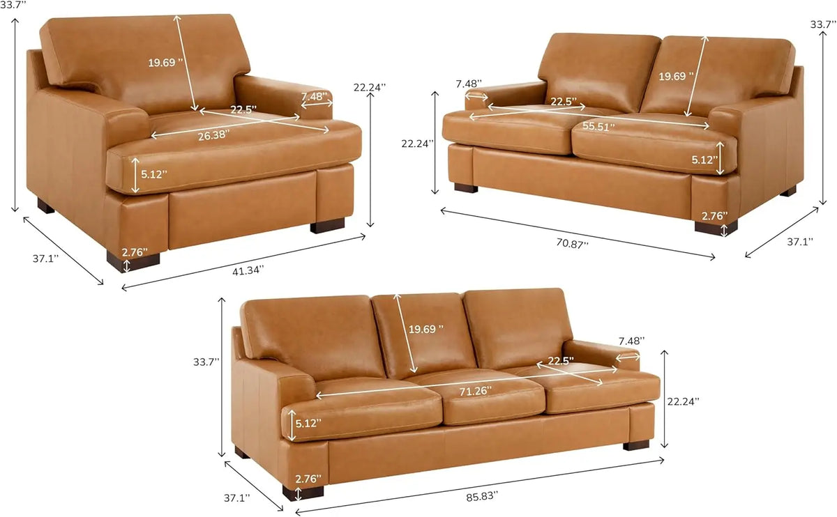 Siggy Genuine Leather Sofa - Set of 3 Luxurious Comfort, Goose Feather Cushion Filling, Square Arm Design, Sturdy Block Legs