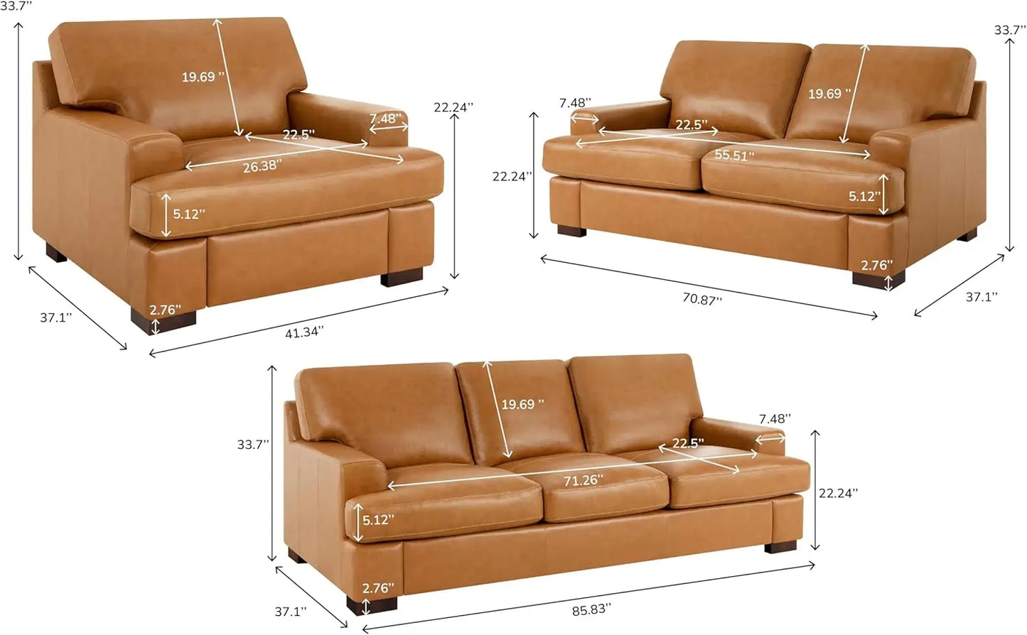 Siggy Genuine Leather Sofa - Set of 3 Luxurious Comfort, Goose Feather Cushion Filling, Square Arm Design, Sturdy Block Legs