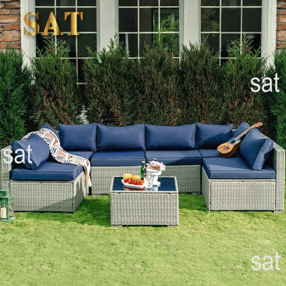 7 Pieces Patio Furniture Set Outdoor Sectional Wicker Rattan Furniture with Cushion and Glass Table Patio Conversation Sets