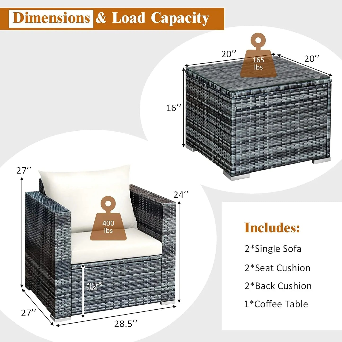 3-Piece Patio Furniture Set with PE Rattan, Washable Cushions, and Tempered Glass Table for Outdoor Garden Poolside
