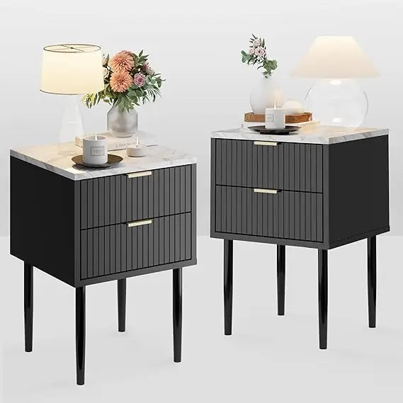 Black Marble Nightstands Set of 2 with Gold Handle, Striped Night Stand with Drawers, End Side Table with Faux Marble Top, 2 Dr