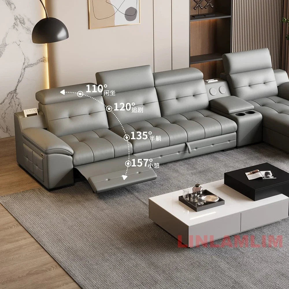 Electric Reclining Sectional Sofa Bed with Cup Holder & Adjustable Headrests – Italian Genuine Leather Convertible Sleeper Couch