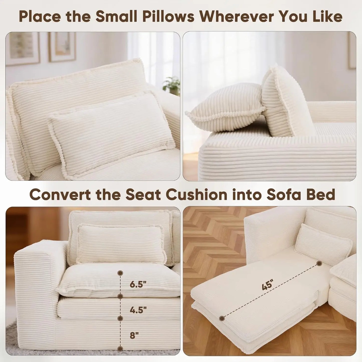 109" L Shape Modular Sectional Sofa with Ottoman, Boneless Couch Three-Layer Deep 3 Seat Convertible Pull Out Sofa, Customized