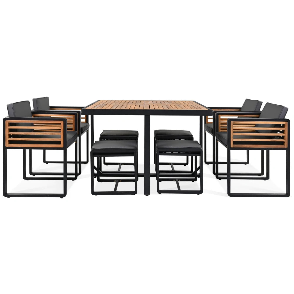 9-Pieces Acacia Wood Patio Dining Set, Space Saving Outdoor Patio Set, 4 Cushioned Chairs & 4 Ottomans & 1 Square Table
