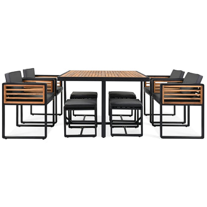 9-Pieces Acacia Wood Patio Dining Set, Space Saving Outdoor Patio Set, 4 Cushioned Chairs & 4 Ottomans & 1 Square Table