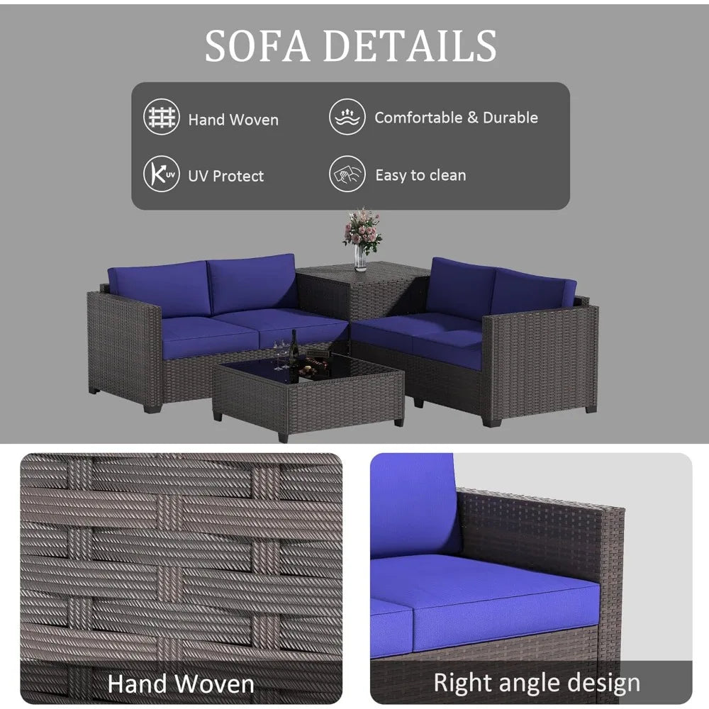 6 Piece Wicker Patio Furniture Set, Sectional Sofa with Glass Coffee Table & Large Storage Box, Loveseat Couch, Outdoor