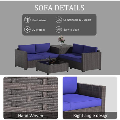 6 Piece Wicker Patio Furniture Set, Sectional Sofa with Glass Coffee Table & Large Storage Box, Loveseat Couch, Outdoor