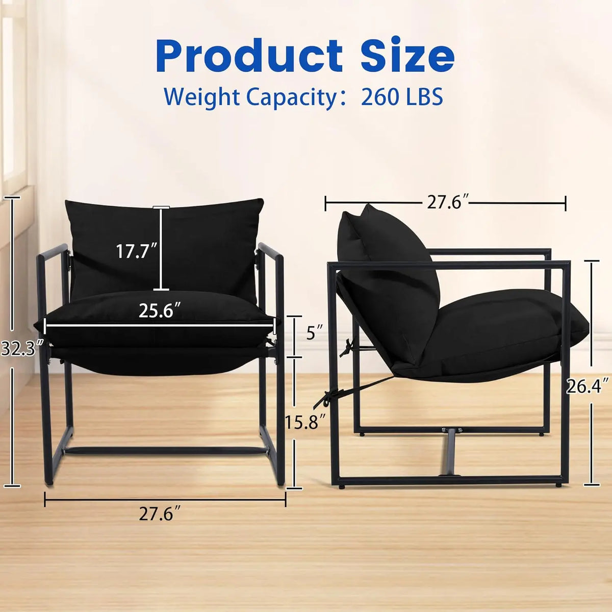 2,Cozy Living Room Chairs, Square Metal Frame, Upholstered Soft Cushion, Sponge, 27.6