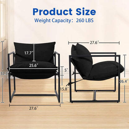 2,Cozy Living Room Chairs, Square Metal Frame, Upholstered Soft Cushion, Sponge, 27.6" x27.6“x32.3, Easy Assembly, Black