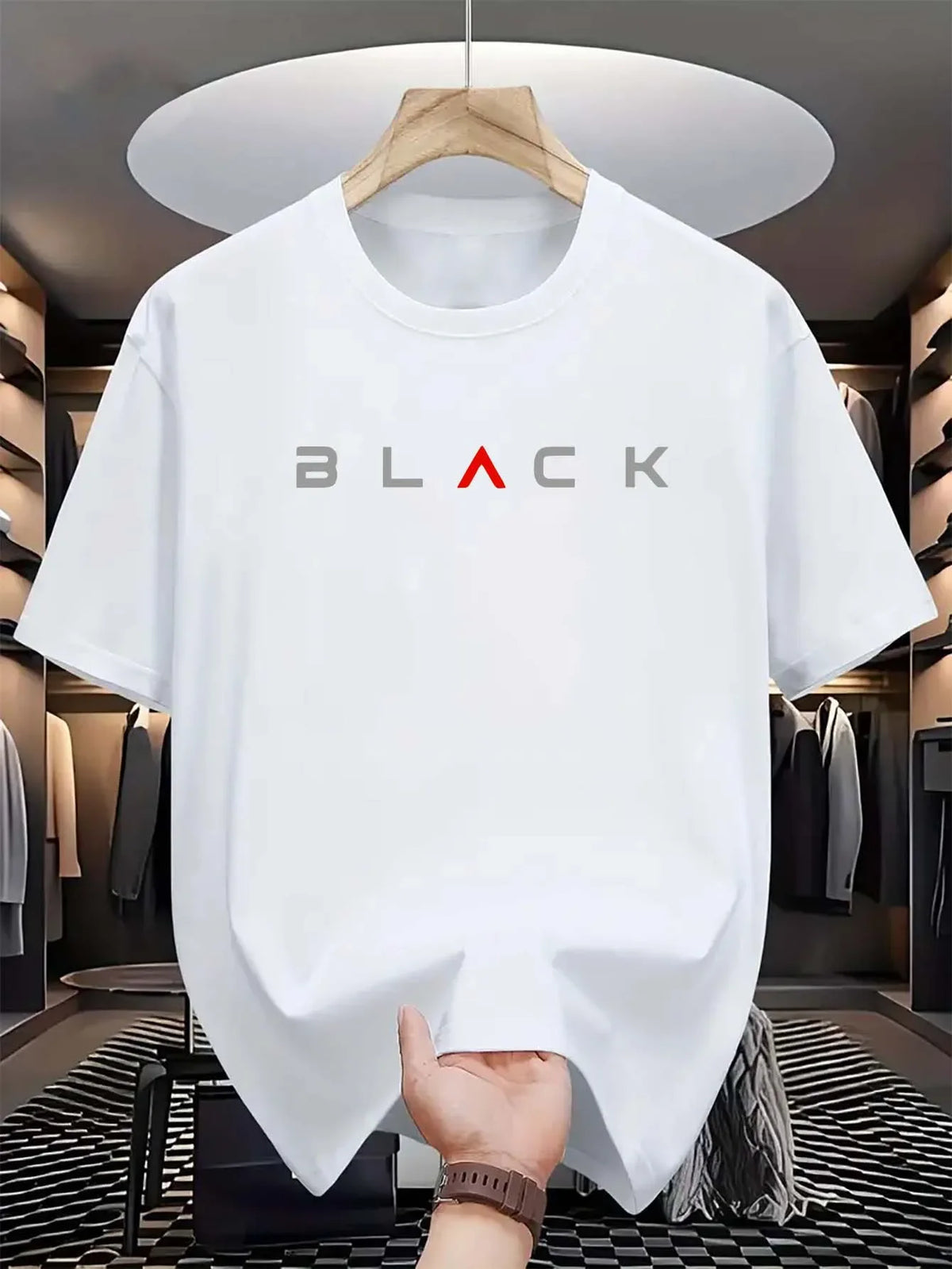 Summer men's 100% pure cotton casual loose fit plus size BLACK letter pattern printed round neck short sleeved T-shirt top