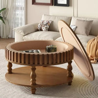 31.49'' Round Wood Coffee Table with Storage 2-Tier Circle Fluted Coffee Table in Walnut for Living Room Apartment Office with