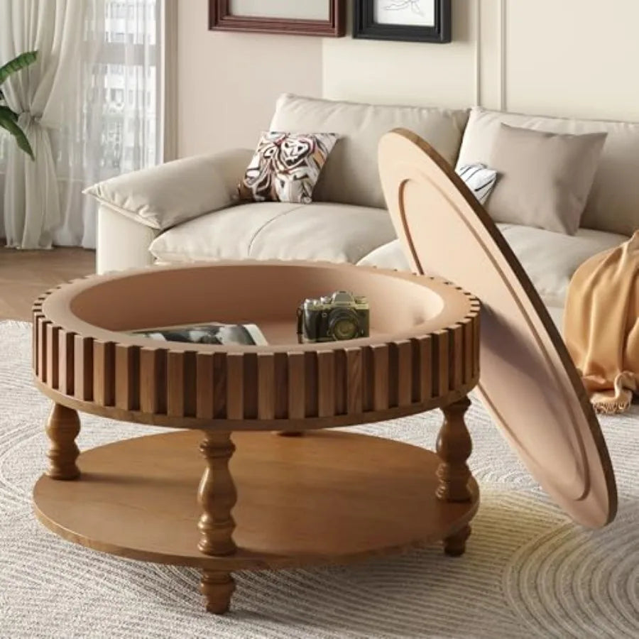 31.49'' Round Wood Coffee Table with Storage 2-Tier Circle Fluted Coffee Table in Walnut for Living Room Apartment Office with
