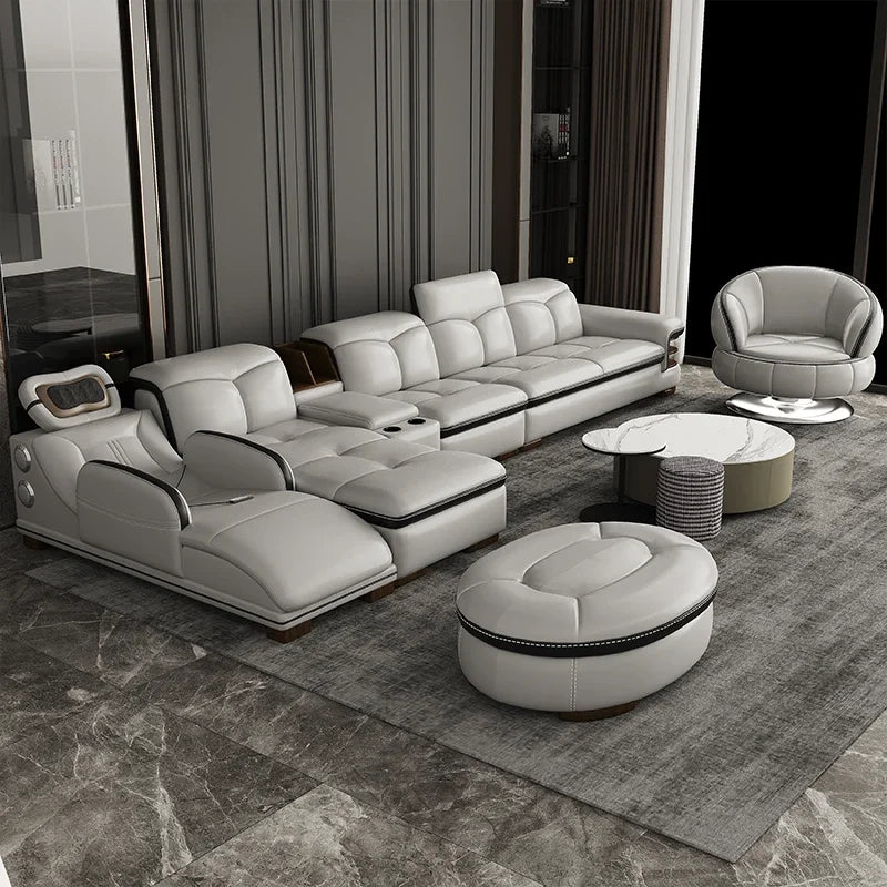 Smart Leather Sofa Massage for Left and Right Noblewomen, Cowhide Solid Wood Living Room Corner Small Unit