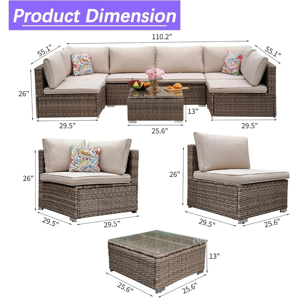 7 Piece Patio Furniture Set, Outdoor Patio Conversation Set, All-Weather Rattan Wicker Sectional Sofa Couch w Water Resistant Th