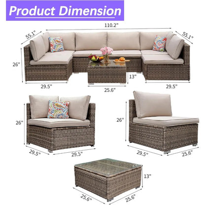 7 Piece Patio Furniture Set, Outdoor Patio Conversation Set, All-Weather Rattan Wicker Sectional Sofa Couch w Water Resistant Th