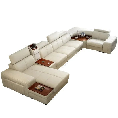 Italian Leather Couch With Heating Seat Cold Fridge Genuine Leather Sofa With Headrests USB, Stools And Storage Easy to clean