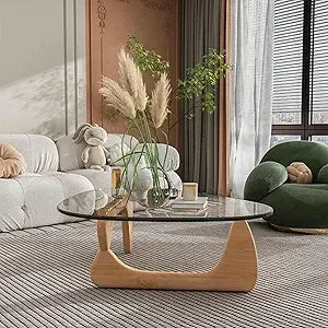 Table basse moderne en verre, 32,68" P x 22,44" L x 15,75" H, tables à thé rondes abstraites pour salon, maison, bureau, industriel
