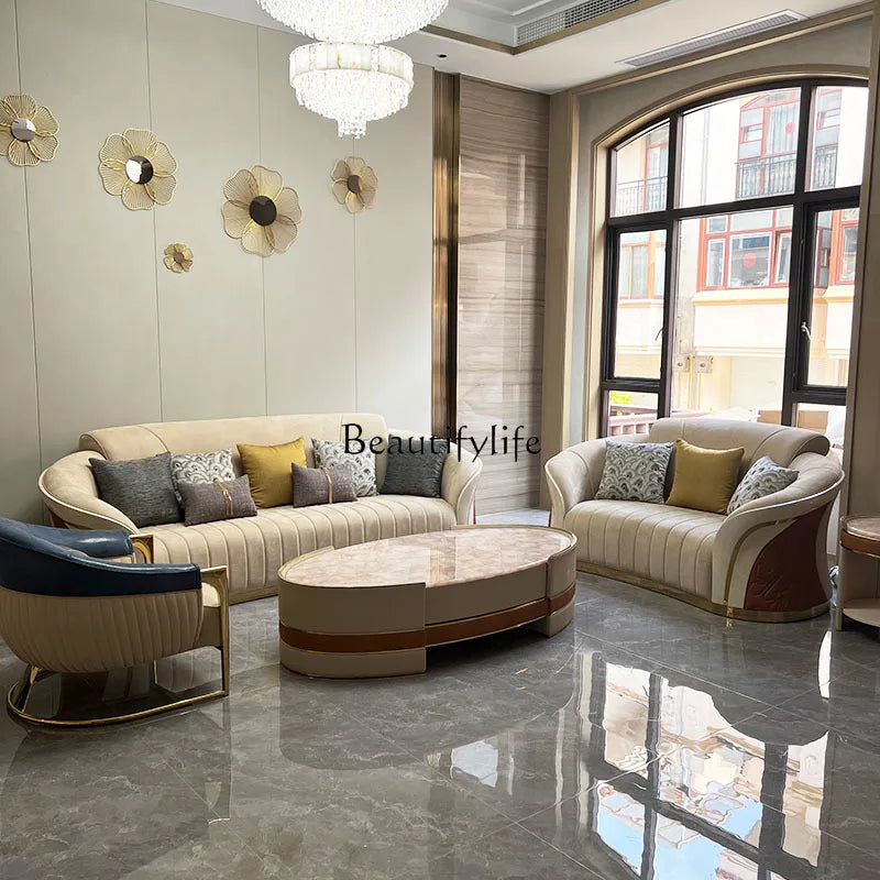 *Italian light luxury leather sofa post-modern model room large apartment high-end