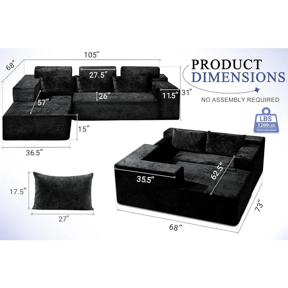 105 L-Shape Modular Sectional Sofa Couch for Living Room, No Assembly Required, Modular Comfy Sofa with Deep Seat